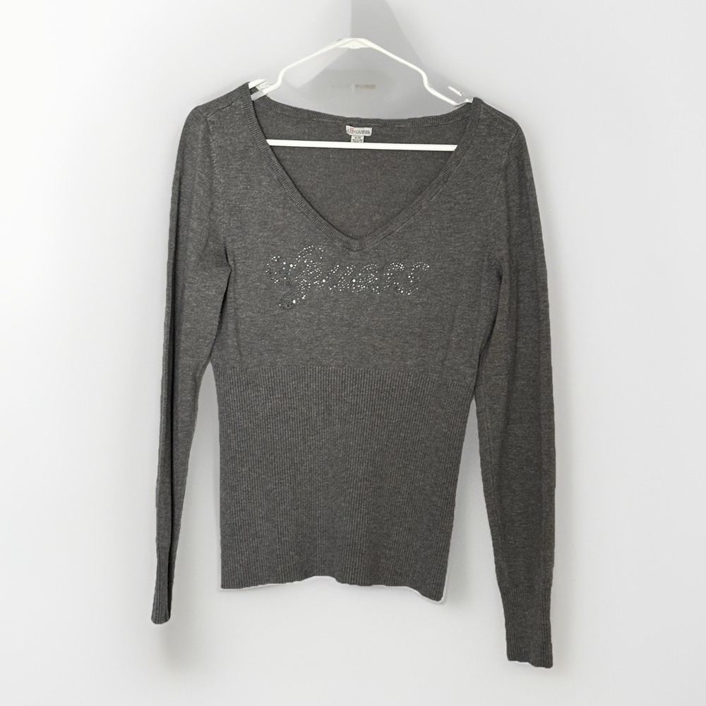 Y2K Guess Gray Sweater Top XL Long Sleeve Fitted‎ 90s Y2K 90s V Neck